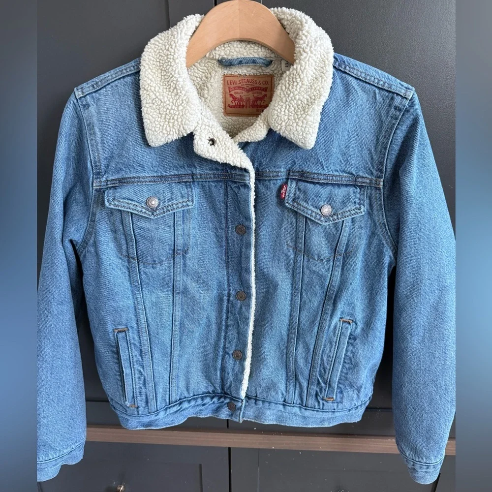 Levi's Blue Denim Sherpa Jacket • Adult S Youth XL - Picture 4 of 7